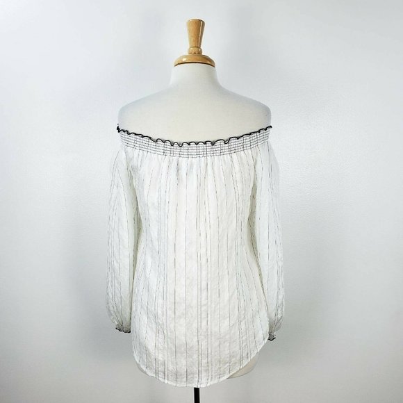 SOLD! White House Black Market Blouse White Pinstripe Off Shoulder Lined Top M - Picture 5 of 12